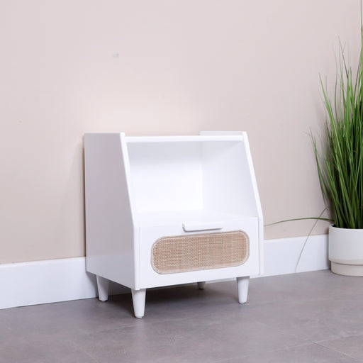 A small body but with a large capacity, our Pavia side table would provide enough storage room to keep your nighttime necessities. Featuring a rattan embellished drawer, a built-in shelf, and a smooth tabletop, this solid wood side table with a mini-size is friendly for limited space.