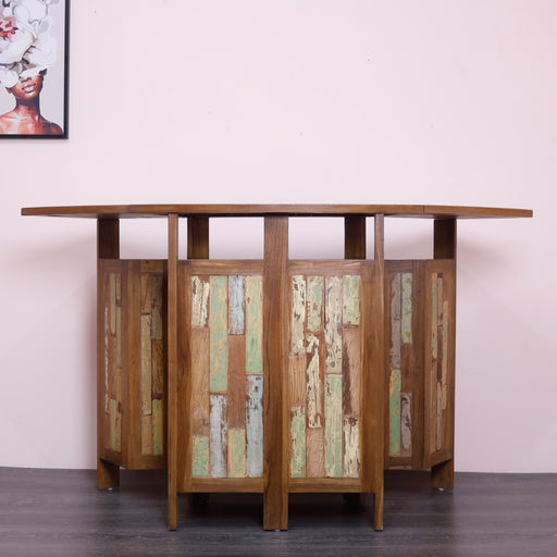 Crafted with solid wood, this foldable bar combines functionality and style, making it a versatile and captivating addition to any space.
Dimensions - H108cm x D52cmW96cm(closed) , W180cm (open)