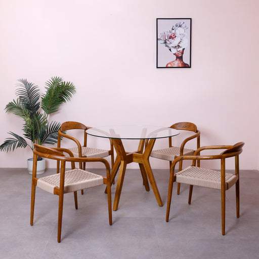 Introducing our Solid Wood Dining Table, a harmonious fusion of timeless craftsmanship and modern comfort. This chair redefines dining experiences with its solid wood frame and thoughtfully designed synthetic rope seating, blending aesthetic appeal with ergonomic innovation.
Dimension - Diameter with the glass: 100cmHeight: 75cm(Please contact customer support directly for any customization)