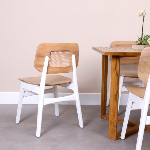 Made with Responsibly sourced Indonesian timber. 
No matter the occasion, these stylish chairs made of solid wood and rattan, take a page from your dining room - a classic piece that is as timeless as they come.
Overall dimension:seating length 47cm×width 43cm×height 45cm×backrest height 80cm