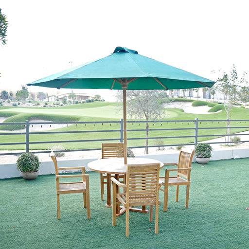 Transform your outdoor oasis into a haven of relaxation with our Outdoor table. Designed for both durability and style, this teak wood table seamlessly blends modern aesthetics with the comfort of coastal living.
Note : Please note this piece comes as a table along with Umbrella. To purchase chairs, search for "Alvesta stacking chair" on website or contact customer support directly.
overall dimensions:

Table diameter 120×H75 overall H250