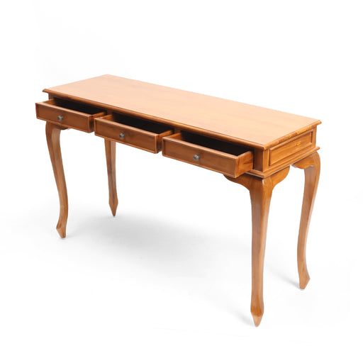 The Lucille Desk is a timeless addition to the home, blending traditional silhouettes with multi-functional design. Defined by its elegant Cabriole legs and slender profile, this piece serves beautifully as a dedicated vanity for a dressing room or a sophisticated console for a foyer. Three integrated drawers provide discreet storage for beauty essentials or stationery, keeping your surface clean and curated.


Artisan Cabriole Legs: Featuring hand-finished, sweeping curves that provide a sense of lightness and classic European charm.

Triple Drawer Organization: Three smooth-gliding drawers with vintage-style knob hardware offer ample space for jewelry, tools, or documents.

Slimline Multi-Use Design: Its shallow depth makes it an ideal solution for narrow hallways or as a stylish side table behind a sofa.

Polished Timber Grain: Finished to a soft, inviting luster that highlights the natural beauty and warmth of the solid timber.
