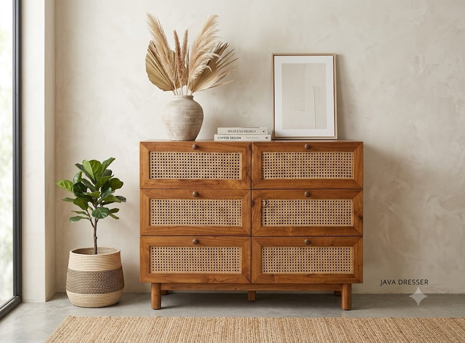 Java Hand-Woven Rattan & Teak 6-Drawer Dresser