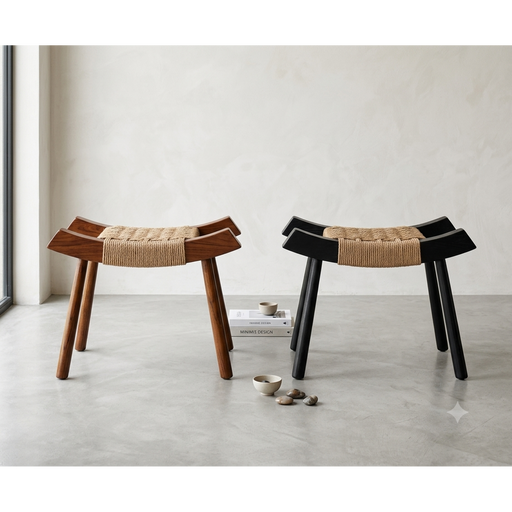 Bali Curved Teak Wood & Woven Rope Accent Stool