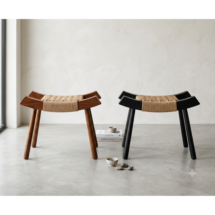 Bali Curved Teak Wood & Woven Rope Accent Stool