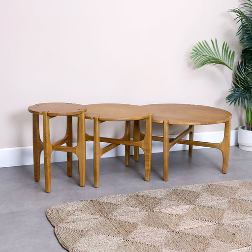 Revitalize your living space with the multi-dimensional style of the Clio Nesting Coffee Table Set. Designed to bring both beauty and flexibility into the heart of your home, this set of three moves beyond the traditional static coffee table to offer a dynamic solution for modern living.
With a sleek circular silhouette and clean lines, the Clio set effortlessly blends modern minimalist design with rustic warmth. Use them grouped together as a tiered, layered centerpiece to add depth to your seating area, or separate them across the room to keep drinks and essentials within easy reach from every sofa and armchair.
Why You'll Love It


Premium Solid Wood Craftsmanship: Meticulously handcrafted from 100% robust solid wood, showcasing rich visible grains, unique natural knots, and an artisan quality built to stand up to daily use.


Functional &amp; Space-Saving: Ideal for apartments and large homes alike. The clever nesting feature allows you to fully maximize your floor space by tucking the smaller tables away when they are not in use.


Four Distinct Finishes: Tailor the set perfectly to your specific home palette. Available in multiple color variants, ranging from a light natural oak to a deep, sophisticated walnut tone.


One-of-a-Kind Originality: Because every piece is hand-finished, the organic variations in the wood grain ensure your set is uniquely yours.


Product Specifications



Attribute
Details




Material
100% High-Quality Solid Wood


Quantity
Set of 3 Nesting Tables


Style
Modern / Rustic / Handcrafted Minimalist


Small Dimensions
40 cm (Diameter) × 55 cm (Height)


Medium Dimensions
60 cm (Diameter) × 50 cm (Height)


Large Dimensions
80 cm (Diameter) × 45 cm (Height)




Note: The set is carefully graduated in height and diameter to create a beautifully balanced, tiered nesting effect when displayed together.
