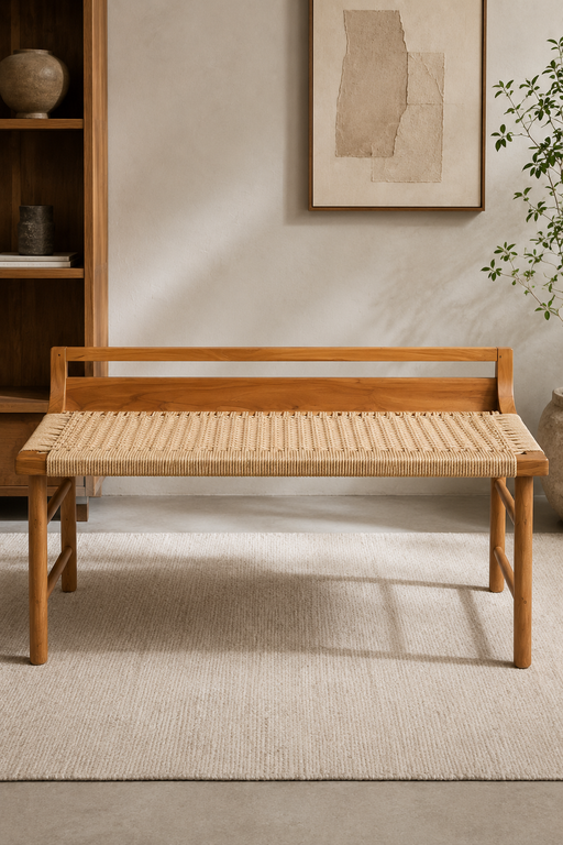This Solid Wooden bench is the perfect addition to your indoor or outdoor living space. The natural loom and solid wooden legs adds a casual vibe to any room while still allowing it to feel sleek and modern.
Overall Dimensions :  L150cm x D50cm x H56cmMaterial - Teak Wood Rope : - Natural Rope (Indoor) 