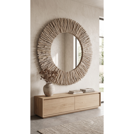 Flora Rustic Driftwood Sunburst Wall Mirror