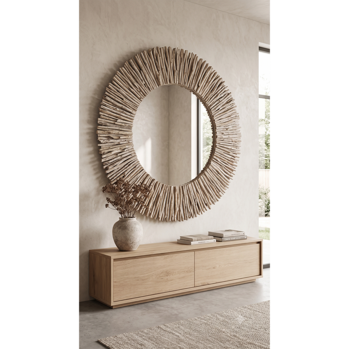 Flora Rustic Driftwood Sunburst Wall Mirror