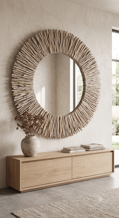 Flora Rustic Driftwood Sunburst Wall Mirror