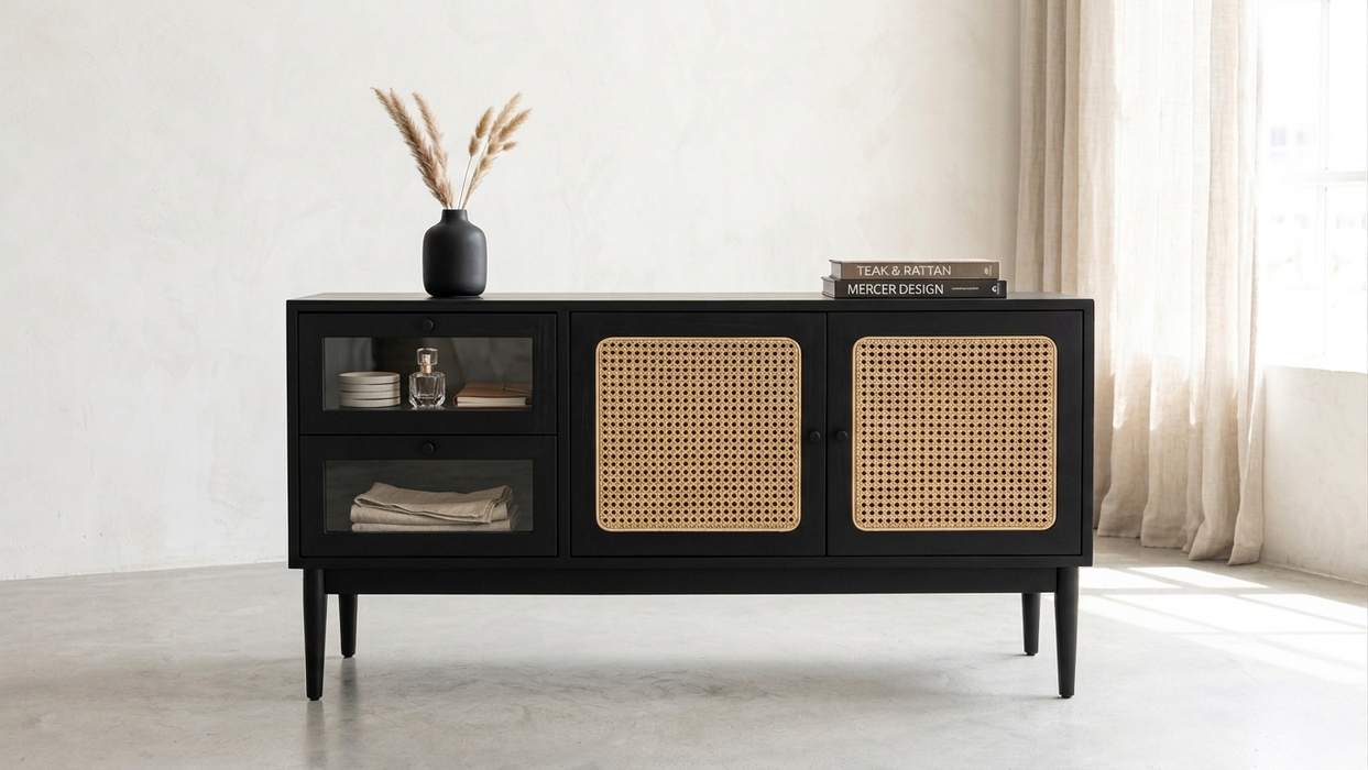 Mercer Black Teak & Hand-Woven Rattan Console Sideboard