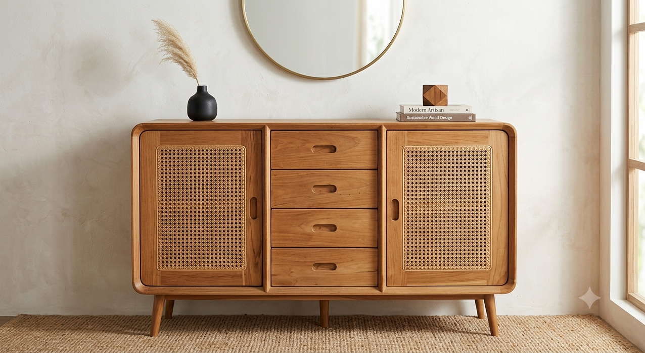 Kai Retro Teak & Hand-Woven Rattan Sideboard