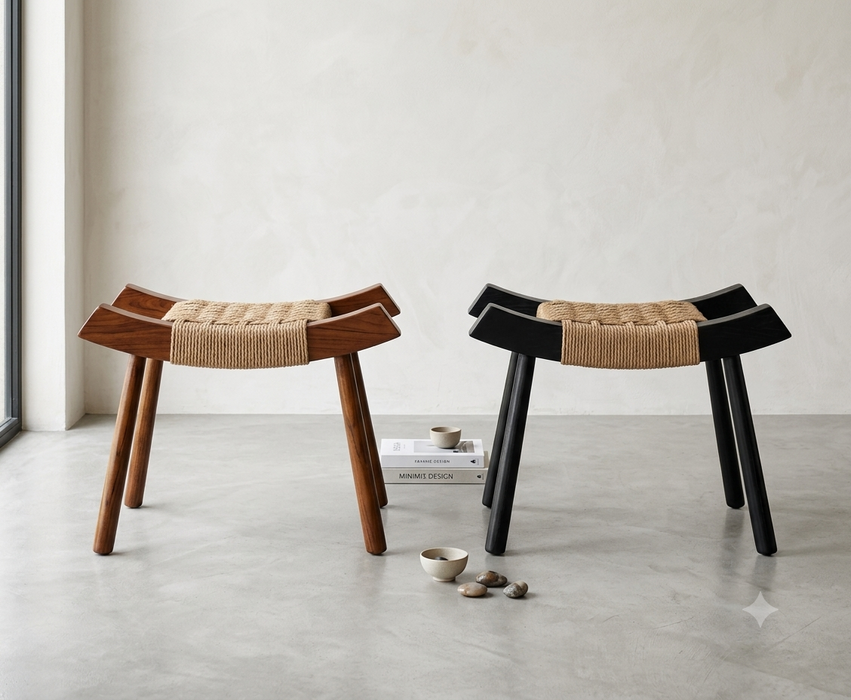 Bali Curved Teak Wood & Woven Rope Accent Stool