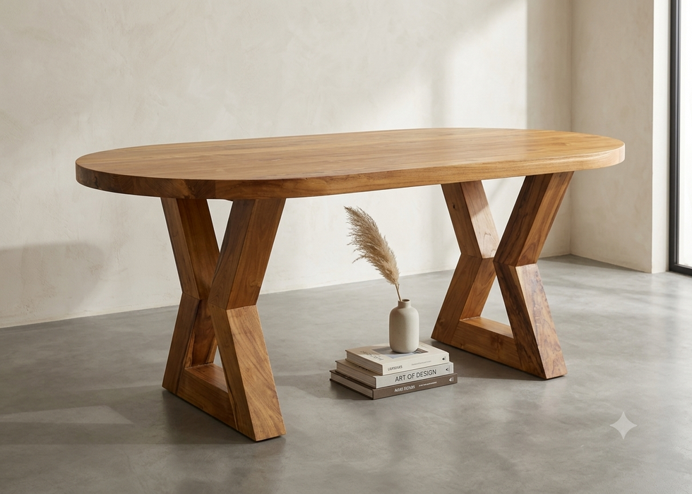 Asher Solid Teak Oval Dining Table with Sculptural Z-Legs
