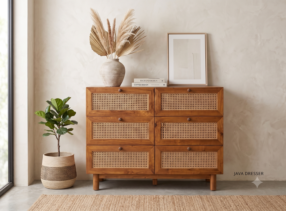 Java Hand-Woven Rattan & Teak 6-Drawer Dresser