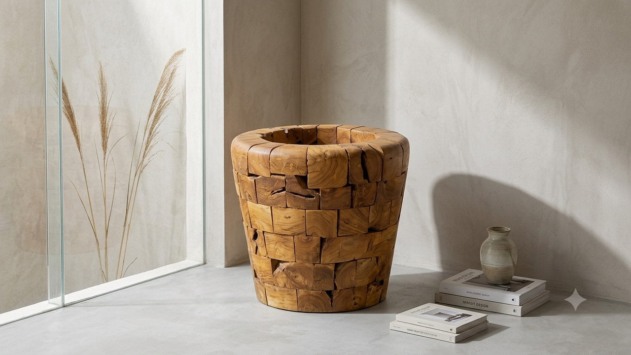 Kuta Tall Hand-Assembled Teak Block Column Sculptural Decor