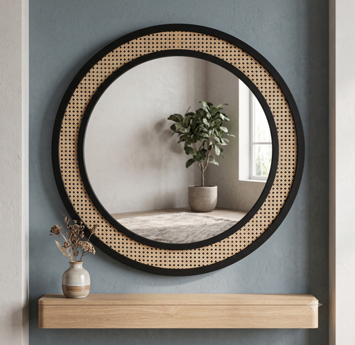 Ubud Rattan Webbing Round Wall Mirror (Black Frame)