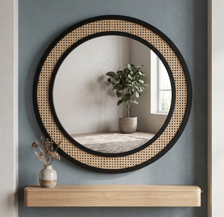 Ubud Rattan Webbing Round Wall Mirror (Black Frame)