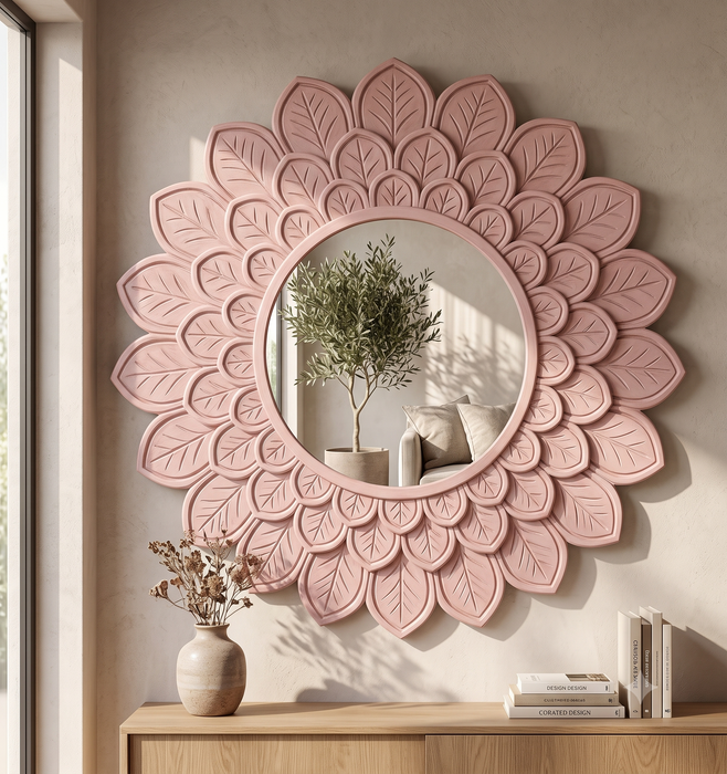 Lotus Petal Carved Wood Round Wall Mirror