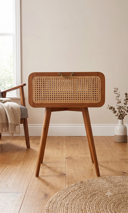 Mid-Century Teak Wood & Rattan Side Table (49x43x59cm)