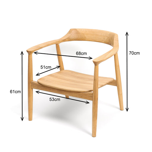 Sculpted Elegance. Masterful Comfort. The Turku Lounge Chair is a tribute to organic minimalism. Handcrafted from premium solid wood, its frame features fluid, continuous lines and a wrap-around backrest that doubles as arm support. The wide, contoured seat is specifically engineered for long-lasting comfort, making it the perfect statement piece for a reading nook, lounge, or executive office.


Artisan Joinery: Smooth-tapered legs and seamless transitions showcase expert woodworking.

Organic Silhouette: A curved, low-profile design that adds a sense of flow to any room.

100% Solid Teak: Finished in a light, natural wash to highlight the intricate wood grain.

Specifications:


Total Height: 70cm

Armrest Height: 61cm

Width: 68cm

Seat Depth: 51cm
