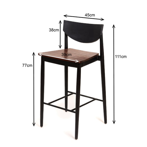 Bold. Minimalist. Built to last. The Kawasaki Bar Chair brings a sharp, industrial edge to any space. Combining a dark-stained frame with a rich natural wood seat, it offers a sophisticated two-tone aesthetic that fits perfectly in modern homes or upscale cafes.


Premium Build: Crafted from solid wood for long-lasting durability.


Ergonomic Comfort: Features a contoured 38cm backrest for superior support.


Sturdy Design: Includes an integrated footrest and a sleek, tapered leg profile.


Perfect Fit: Ideal for bar-height counters (100–110cm).


Quick Specs:


Total Height: 111cm


Seat Height: 77cm


Width: 45cm (Backrest) | 39cm (Seat)

