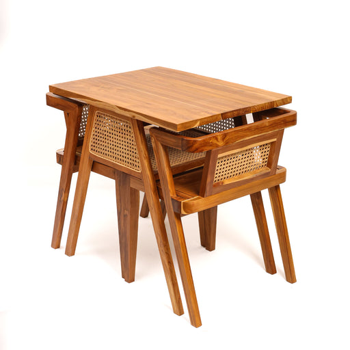 Elegant Minimalism Meets Intelligent Design The Nest Fit Table is a masterclass in space efficiency without sacrificing style. Designed for those who appreciate the warmth of natural materials and the sharpness of modern geometry, this set transforms any small corner into a sophisticated dining area.


Premium Materials: Expertly handcrafted from solid teak wood, celebrated for its durability and rich, golden-brown grain.


Artisanal Details: The chairs feature natural hand-woven rattan inserts, providing a breathable, tactile contrast to the smooth wood finish.


Space-Saving "Nest" Fit: The chairs are engineered to tuck seamlessly under the table, creating a clean, compact silhouette when not in use.


Versatile Aesthetic: Its clean lines and A-frame legs pull inspiration from Mid-Century Modern and Scandinavian designs, making it a perfect fit for contemporary apartments, sunrooms, or cozy cafes.


Dimensions &amp; Care:


Material: Solid Teak Wood &amp; Natural Rattan


Finish: Natural Protective Topcoat


Maintenance: Wipe with a soft, damp cloth; avoid harsh chemicals to preserve the natural oils of the teak.

