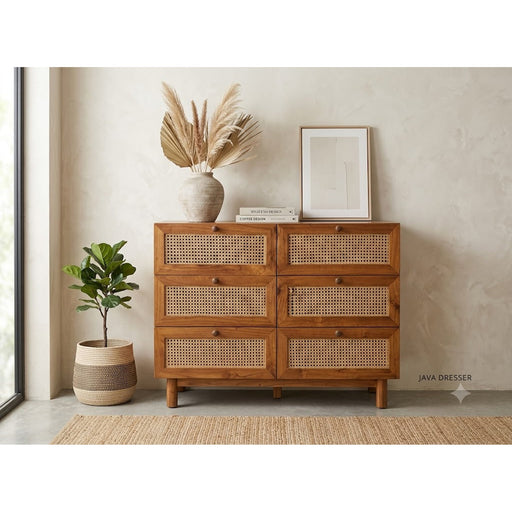 Java Hand-Woven Rattan & Teak 6-Drawer Dresser