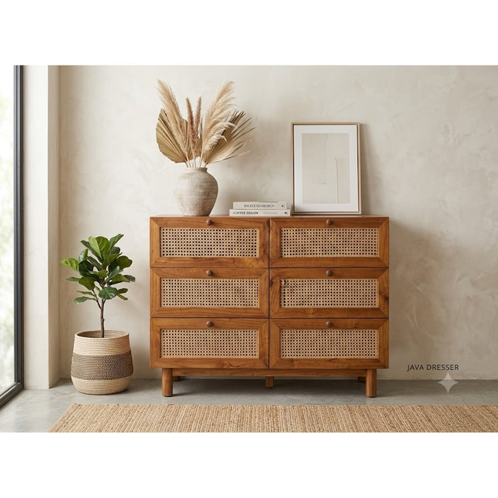 Java Hand-Woven Rattan & Teak 6-Drawer Dresser