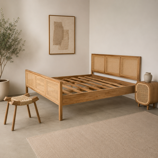 Add a touch of modern designer style to your bedroom with this teak headboard. 
Overall dimensions: King size: 180cm×200cm (mattress)Queen size: 160cm×200cm (mattress)
NOTE : Price mentioned is only for bedframe and slats. Mattress and pillows won't be provided.