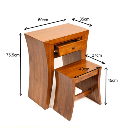 Introduce a breathtaking element of modern organic design and efficient space management to your home with the spectacular Luna Curved Teak Vanity Set. Embodying the core Urban Oak design philosophy—where sleek contemporary curves seamlessly merge with premium natural woodcraft—this handcrafted dressing table and stool combo is a triumph of master carpentry.
Its fluid, concave silhouette anchors master bedrooms or walk-in closets with immediate high-end presence and curated warmth. In an everyday marketplace flooded with mass-produced, flimsy flat-pack particle board and synthetic plastic veneer composites, the Luna Set stands tall as a genuine solid wood legacy piece, hand-shaped to perfection.
Why You'll Love It


Sculptural Curved Silhouette: Defined by elegantly sweeping, concave curved side legs on both the dressing table and the matching stool. This fluid architectural geometry softens standard room corners, turning a functional dressing station into a work of modern art.

Premium Solid Teak Craftsmanship: Meticulously handcrafted from 100% genuine solid teak wood, globally celebrated for its heavy-duty structural density, natural oils, and lifelong resilience to guarantee a completely stable, wobble-free foundation.

Integrated Storage &amp; Space-Saving Nesting: Engineered with a compact central utility drawer to keep cosmetics and jewelry neatly hidden away. The matching stool is perfectly proportioned to slide completely underneath the desk when not in use, instantly maximizing your floor space.

Artisan Quality Hand-Finish: Our master craftsmen spend hours hand-shaping the smooth, interlocking curves to ensure perfect nesting alignment, polishing the timber to a gorgeous satin luster that allows the organic wood traits to shine.

Product Specifications



Attribute
Details




Material
100% Authentic Sustainable Solid Teak Wood


Style
Curved Minimalism / Organic Modern / Japandi Luxury / Space-Saving Nesting


Finish
Hand-Polished Natural Teak Satin Luster


Hardware
Minimalist Square Contrast Knob


Storage Configuration
1 Central Storage Drawer across the Front Apron


Table Dimensions
75 cm (Height) × 60 cm (Length) × 35 cm (Width/Depth)


Stool Dimensions
46 cm (Height) × 40 cm (Length) × 26.5 cm (Width/Depth)


Usage
Ideal for Master Bedrooms, Walk-In Closets, Makeup Stations, and Writing Corners


