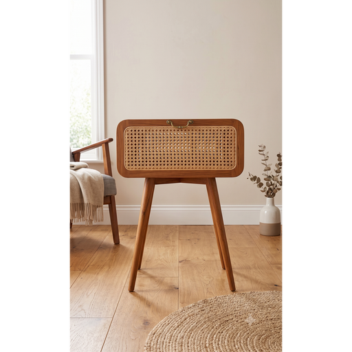Mid-Century Teak Wood & Rattan Side Table (49x43x59cm)
