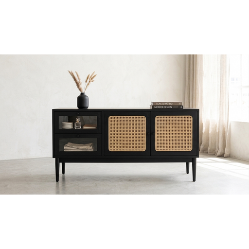 Mercer Black Teak & Hand-Woven Rattan Console Sideboard