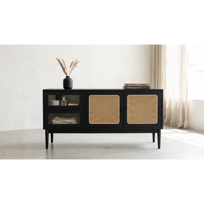 Mercer Black Teak & Hand-Woven Rattan Console Sideboard