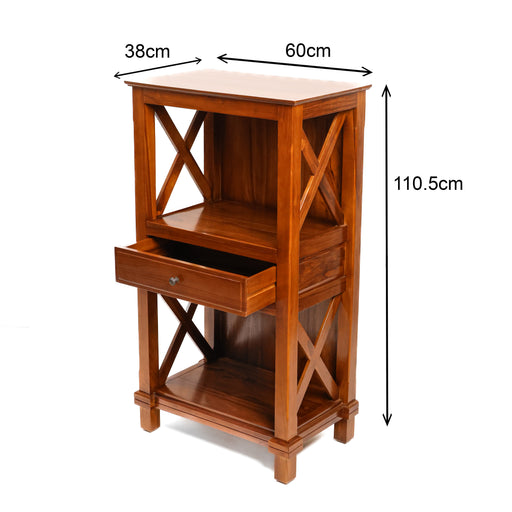 Classic Craftsmanship Meets Functional Storage The Oxford Teak Shelf is a versatile storage solution designed for longevity and timeless appeal. Built from solid teak wood, it features a beautiful honey-gold grain and a sturdy X-brace design that adds a touch of rustic sophistication to any room.


Versatile Storage: Features two open tiers and a smooth-gliding center drawer.


Solid Teak: Exceptionally durable and moisture-resistant wood.


Aesthetic Detail: Iconic X-frame sides provide both stability and style.


Compact Footprint: Ideal for hallways, bedrooms, or as a premium kitchen pantry shelf.


Specifications:
Height: 110.5cmWidth: 60cmDepth: 38cm