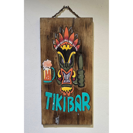 Thumbs-Up Tiki Rectangular Hand-Carved Wooden "Tiki Bar" Sign