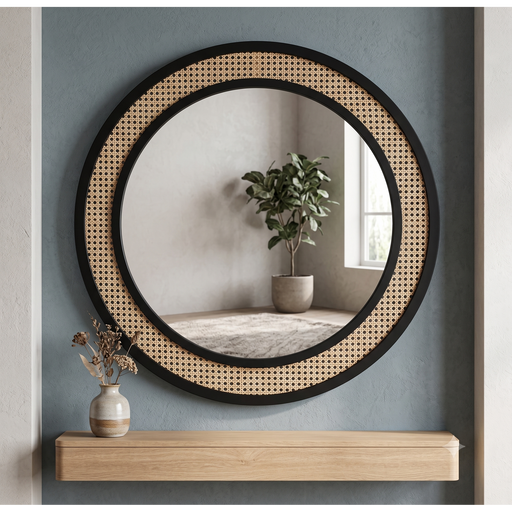 Ubud Rattan Webbing Round Wall Mirror (Black Frame)