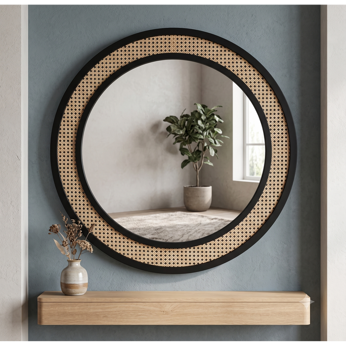 Ubud Rattan Webbing Round Wall Mirror (Black Frame)