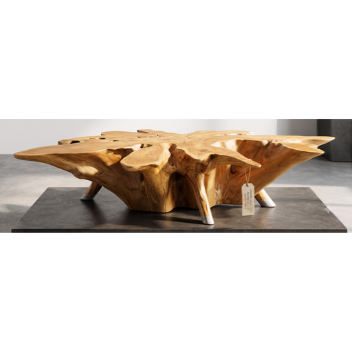 Introduce an organic centerpiece to your living space with The Wildwood Solid Teak Root Coffee Table. This striking table is masterfully repurposed from the natural root systems of sustainably harvested teak trees, offering a dramatic display of nature's raw design.
The top surface has been precision-leveled and finely sanded to reveal a stunningly smooth, flat counter that highlights the tree's intricate growth rings and rich golden hues. Spreading out from the core like a natural starburst, the thick, sculptural root limbs provide both a rock-solid structural base and an eye-catching, multi-dimensional silhouette.


Flawless Flat Countertop: Expertly planed, sanded, and smoothed across the surface so you can safely place coffee cups, trays, and living room essentials without wobbling.


Dramatic Starburst Root Formation: The natural root limbs extend outward symmetrically, providing an architectural, organic shape that shifts in appearance depending on the angle of view.


Unmatched Timber Longevity: Crafted entirely from heavy, solid teak wood—highly valued for its dense grain and natural resilience against everyday wear and tear.


3. Dimensions

Differ

4. Material


Composition: 100% Solid Natural Teak Wood Root (Finished with a premium matte clear satin coat to repel spills and maintain a natural appearance)

