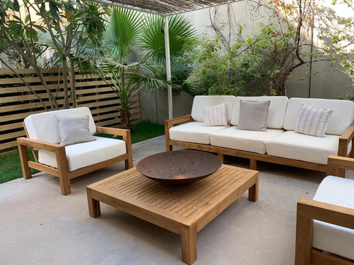 Our Adam Outdoor Lounge Set comes as a set of two single seaters, one three-seater and one center table. Made with Forest Teak this set is ideal for outdoors -transform your outdoor space today. 
Three Seater - Overall dimensions : W256cm x D105cm x 75cm( Back height of the wood) x30cm Seat Height
Single Seater - Overall dimensions : W112cm x D105cm x 75cm( Back height of the wood) x30cm Seat Height
Center Table - Overall dimensions : L120cm x W120cm x H30cm
Note : This piece was customized based on the client requirements. We can customise any design to any dimension and finishing of your choice.
Kindly get in touch with our customer support directly.