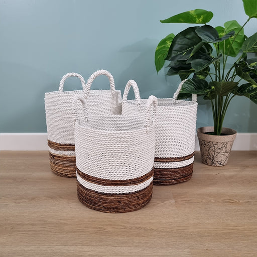 
Add an instant touch of style to your living room with this gorgeous braided basket.Set of 3Dimensions:Basket 1 - 36cm diameter x Height 36cmBasket 2 - 32cm diameter x Height 32cmBasket 3 - 27cm diameter x Height 27cm